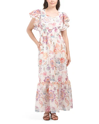 Flutter Sleeve Floral Embroidered Maxi Dress For Women