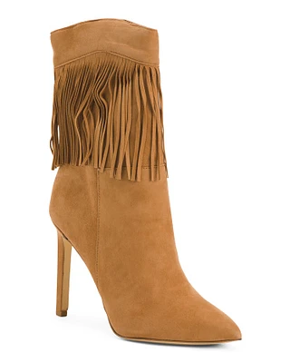 Suede Tries Heeled Fringe Booties For Women