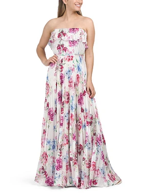 Floral Pleated Satin Gown For Women