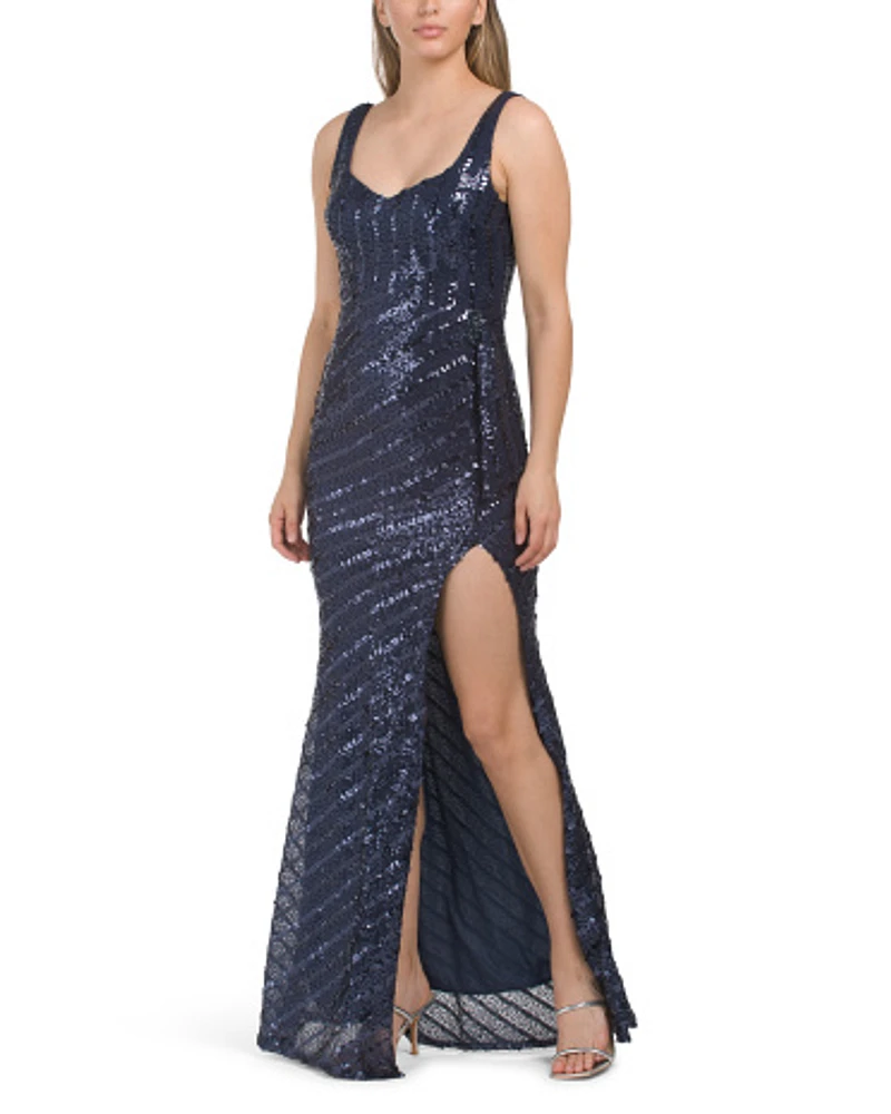 Striped Sequin Wrap Style Gown For Women