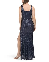 Striped Sequin Wrap Style Gown For Women