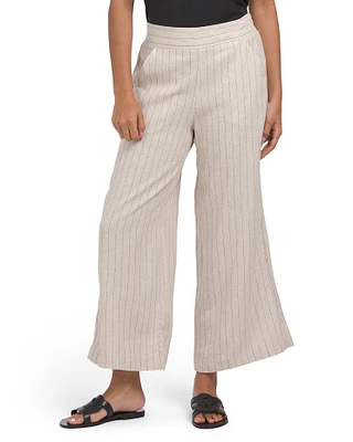 Linen Blend Pinstripe Cropped Wide Leg Pants For Women