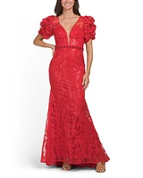 Sequin Embroidered Puff Sleeve Gown For Women