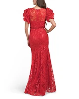 Sequin Embroidered Puff Sleeve Gown For Women