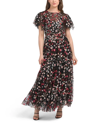 Floral Embroidered Tulle Gown For Women