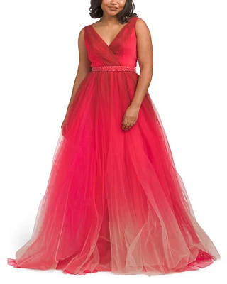 Ombre Tulle Gown With Beaded Belt For Women