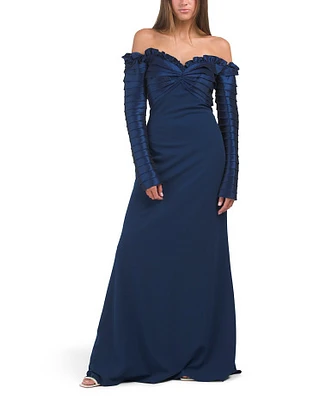 Off The Shoulder Satin Ruffle Detail Gown For Women