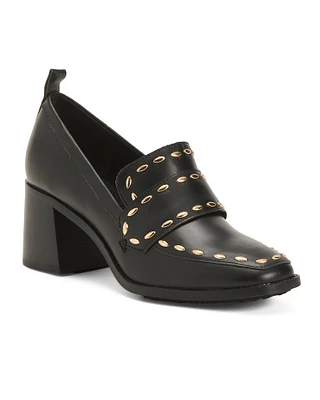 Involve Leather Studded Heeled Loafers For Women