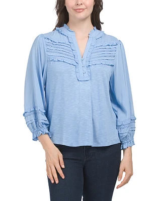 Three-Quarter Blouson Sleeve Top With Crochet Insert Yoke Detail For Women