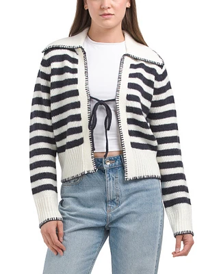 Striped Collared Cardigan With Bow Tie