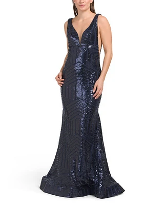 Plunging V-Neck Sequin Gown For Women