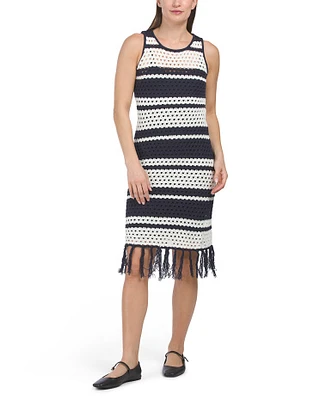 Striped Crochet Midi Dress With Fringe Trim For Women