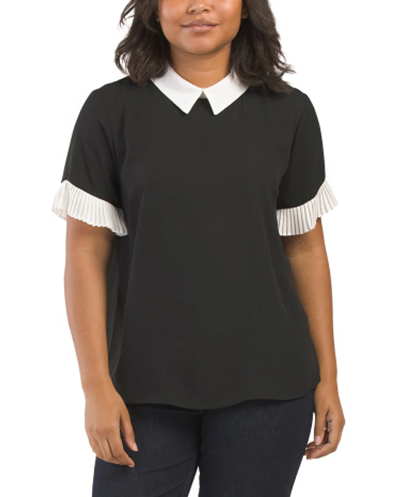 Collared Pleated Sleeve Blouse For Women