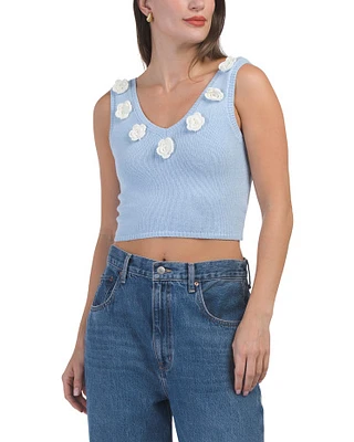 Sleeveless Cotton Knit Top With Rosette Trim For Women