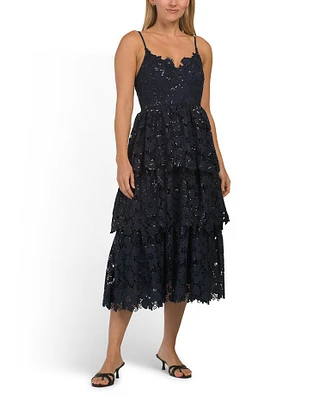 Sequin Lace Tiered Midi Dress For Women