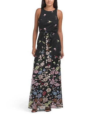 Sleeveless Floral Embroidered Gown For Women