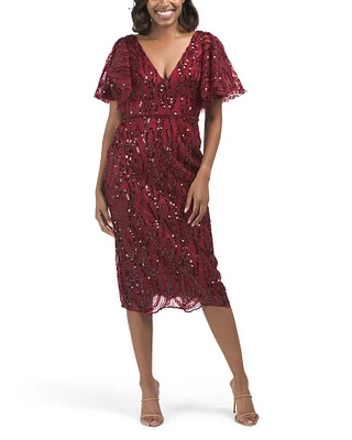 Flutter Sleeve Sequin Midi Dress For Women