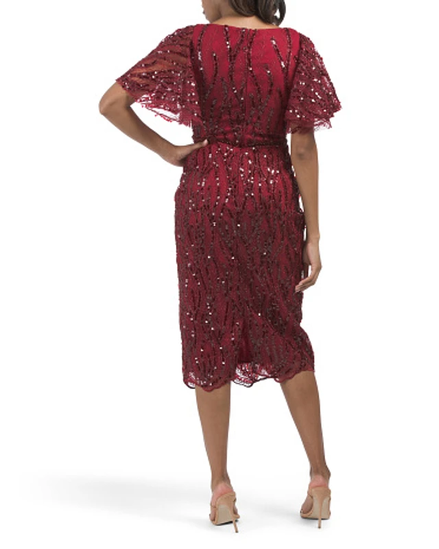 tj maxx burgundy dresses TJMAXX Flutter Sleeve Sequin Midi Dress For Women