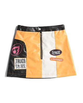 Girls Patches Faux Leather Skort