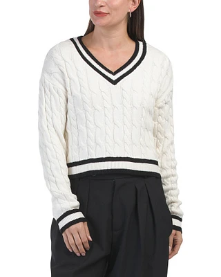 Cable Knit Varsity Stripe Cropped V-Neck Pullover