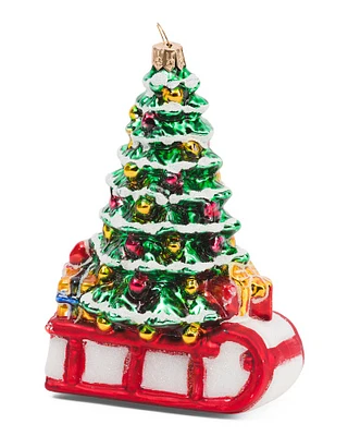 Handcrafted Christmas Tree On Sled Glass Ornament