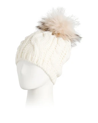 Cable Knit Beanie With Faux Fur Pom For Women