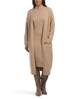 Cable Sweater Midi Dress With Long Duster Set For Women