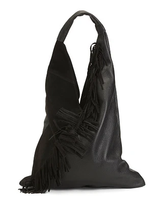 Leather And Suede Large Slouchy Hobo With Fringes