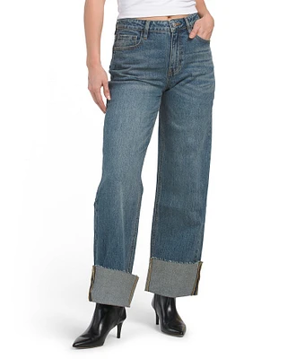 High Rise Relaxed Straight Leg Cuffed Jeans For Women