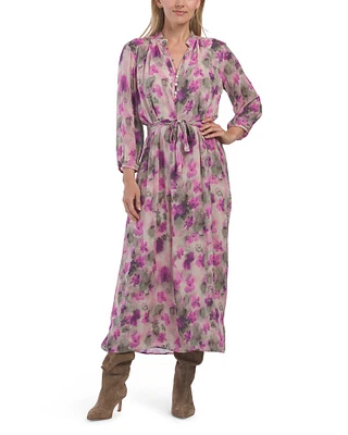 Floral Camo Print Button Front Smocked Waist Maxi Dress For Women