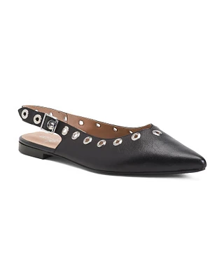 Leather Pointy Toe Slingback Ballerina Flats With Studs For Women