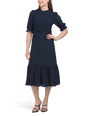 Smocked Bodice Puff Sleeve Midi Dress For Women