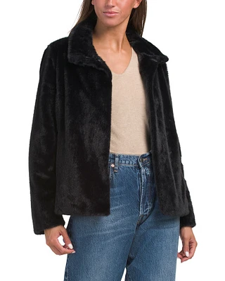 Stand Collar Faux Fur Coat With Hook And Eye Closure