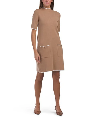 Mock Neck Tipped Dress With Patch Pockets For Women