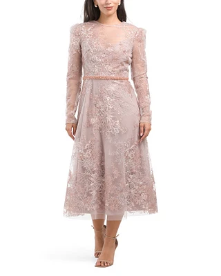 Long Sleeve Lace Illusion Dress With Beaded Belt For Women