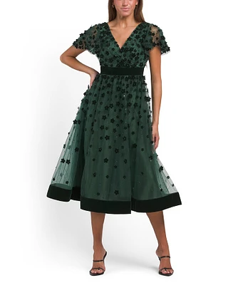 3D Floral Applique Midi Dress With Velvet Trim For Women