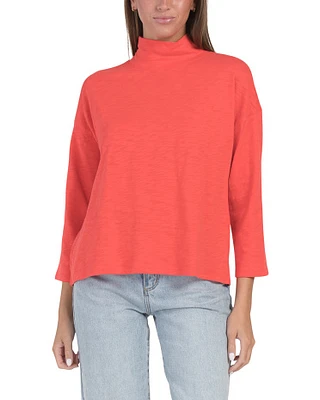 Three-Quarter Sleeve Boxy Mock Neck Top For Women