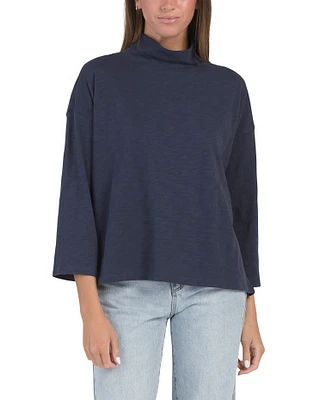 Three-Quarter Sleeve Boxy Mock Neck Top For Women