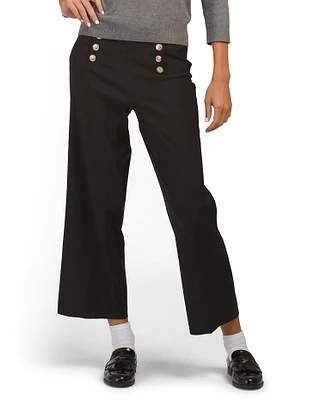 Eco Stretch Wide Ankle Length Pants With Gold Buttons For Women