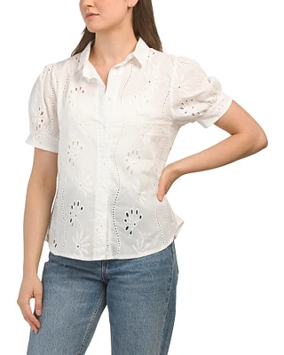 Eyelet Collared Short Sleeve Top For Women