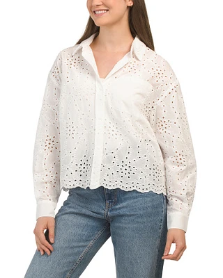 Long Sleeve Eyelet Collared Shirt For Women