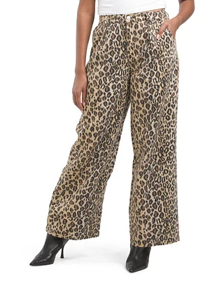 Denim Wide Leg Animal Printed Pants For Women