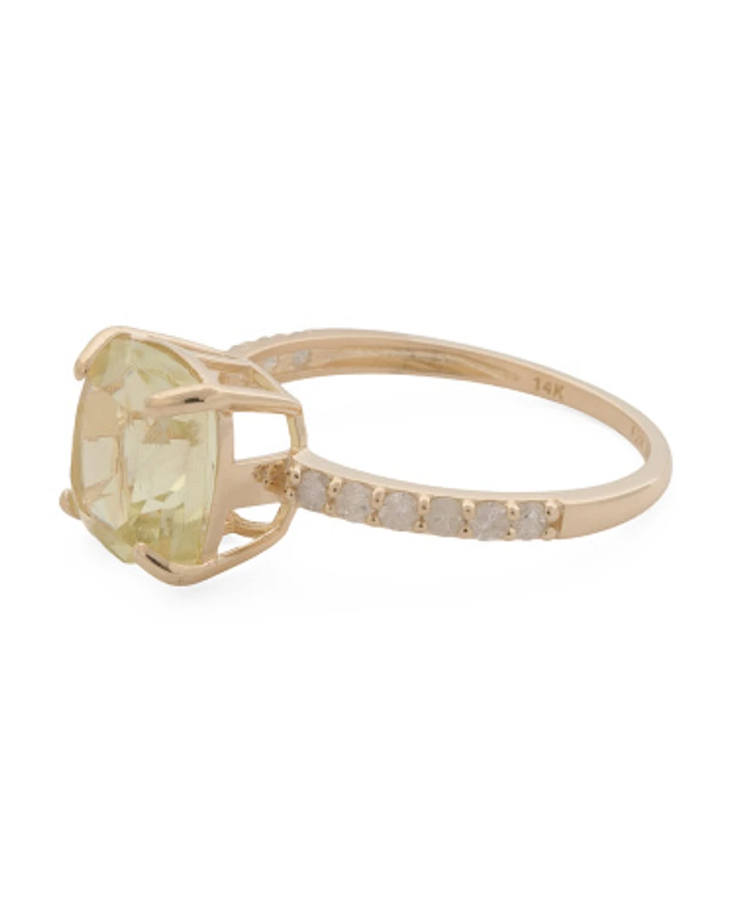 14Kt Gold Lemon Quartz Diamond Ring