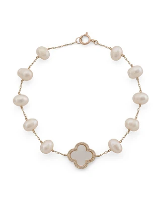 14Kt Gold White Topaz And Freshwater Pearl Bracelet