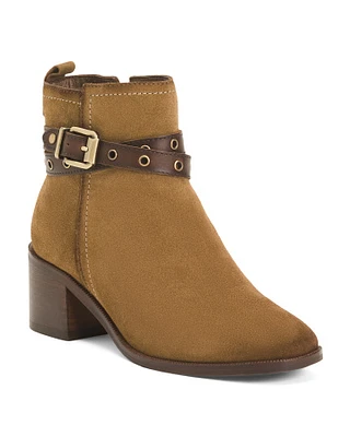 Suede Ankle Booties With Studded Contrast Brown Top Strap For Women