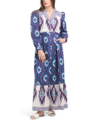 Long Sleeve Mixed Ikat Print Maxi Dress For Women