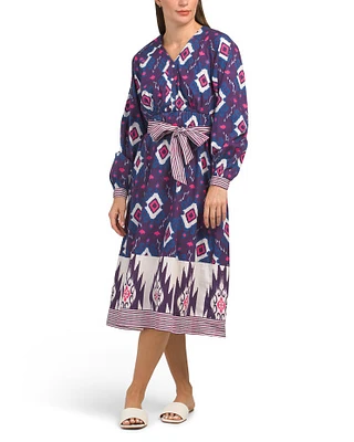 Long Sleeve Mixed Ikat Print Midi Dress For Women