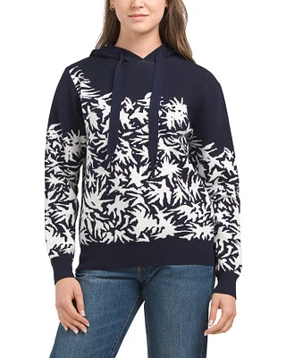 Abstract Leaf Pattern Boxy Pull Over Hooded Sweater For Women