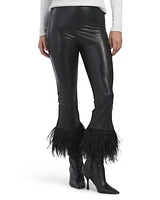 Faux Leather Cropped Leggings With Feather Trim For Women