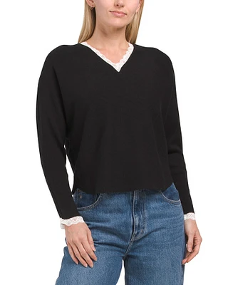 Lace V-Neck Dolman Sleeve Pull Over Sweater